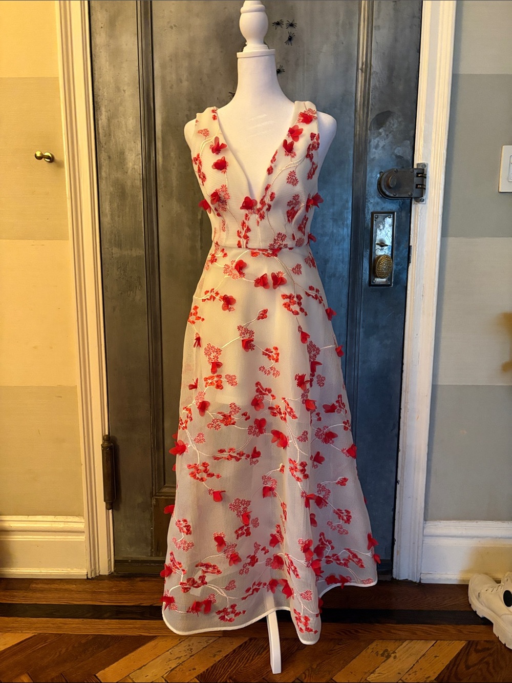 AKIRA White Mesh Midi Dress with Red Floral Appliqué